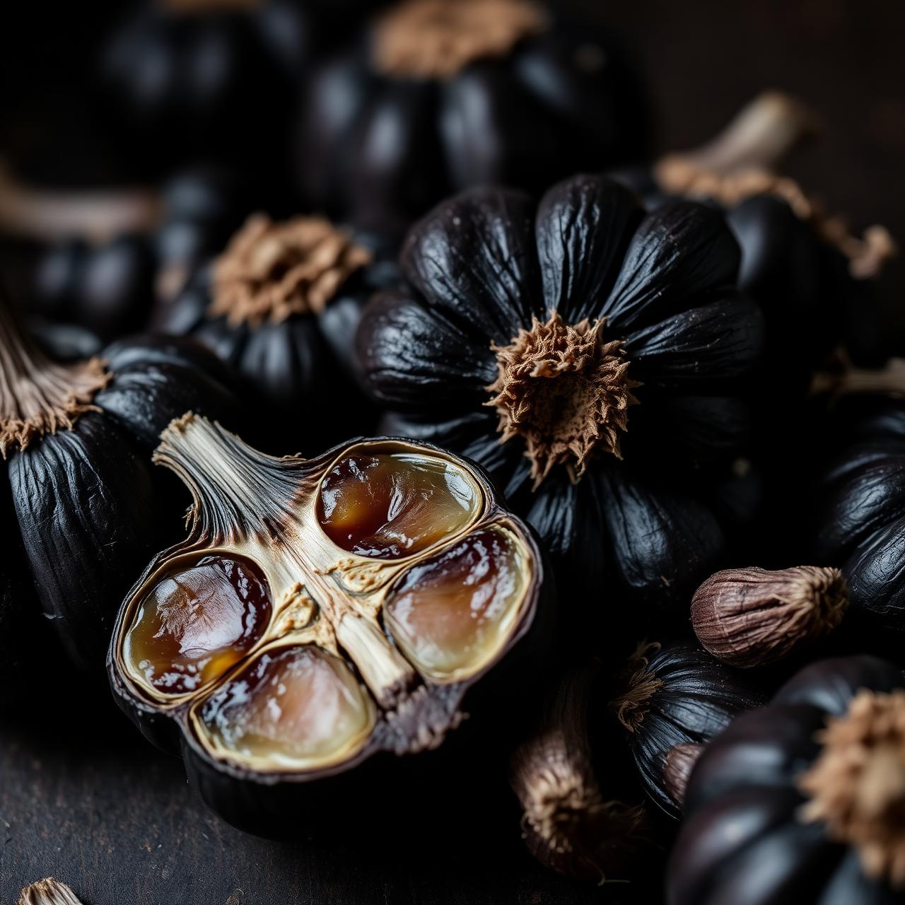 Aged black garlic bulbs cut open showing jammy interior